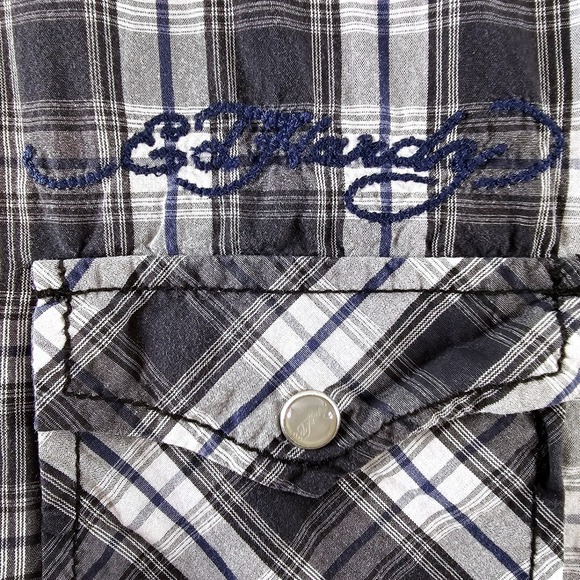 Ed Hardy Plaid Western Shirt Long Sleeve Mens Embroidered Snap Button L - Picture 9 of 16